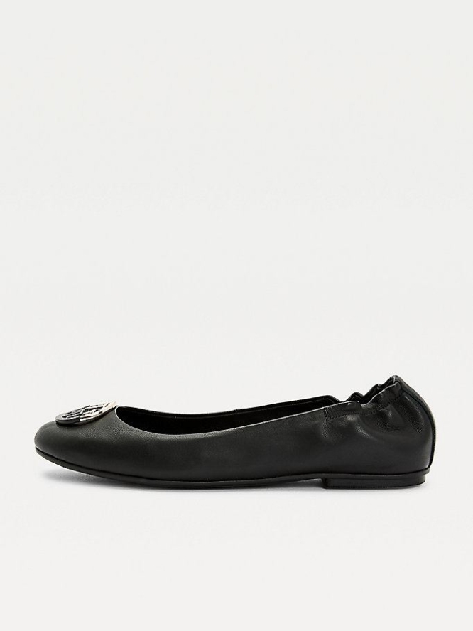 Tommy Hilfiger Monogram Leder Ballerina Flats Flache Schuhe Damen Schwarz | AT861NULE