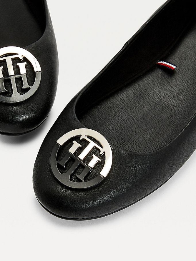 Tommy Hilfiger Monogram Leder Ballerina Flats Flache Schuhe Damen Schwarz | AT861NULE