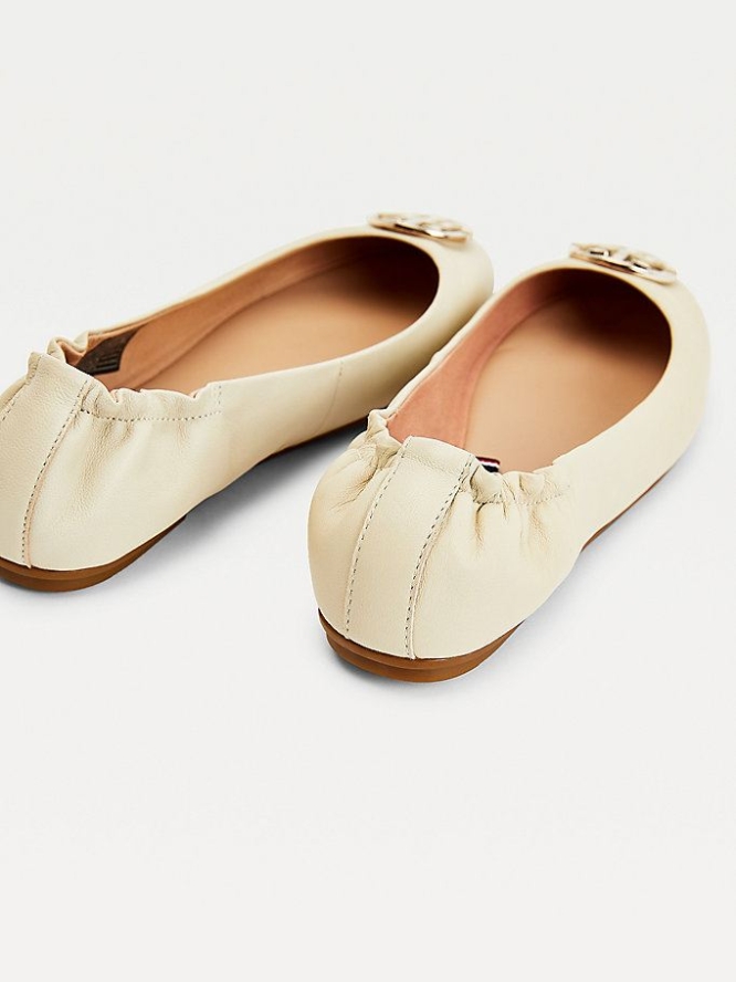 Tommy Hilfiger Monogram Leder Ballerina Flats Flache Schuhe Damen Beige | AT902QXTP