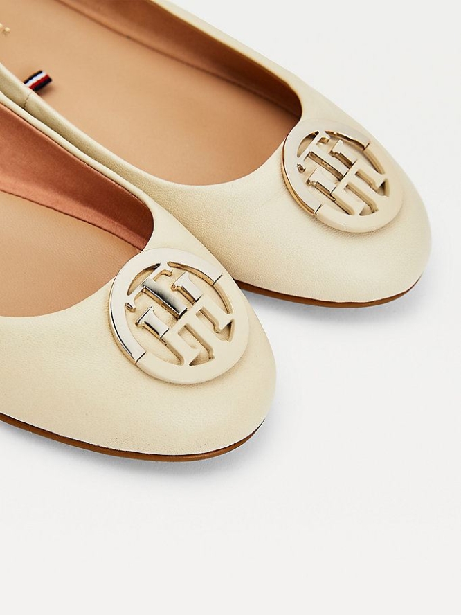 Tommy Hilfiger Monogram Leder Ballerina Flats Flache Schuhe Damen Beige | AT902QXTP