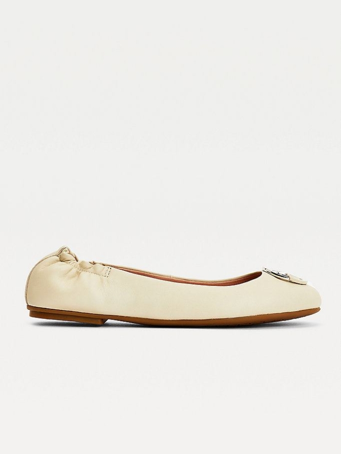 Tommy Hilfiger Monogram Leder Ballerina Flats Flache Schuhe Damen Beige | AT902QXTP