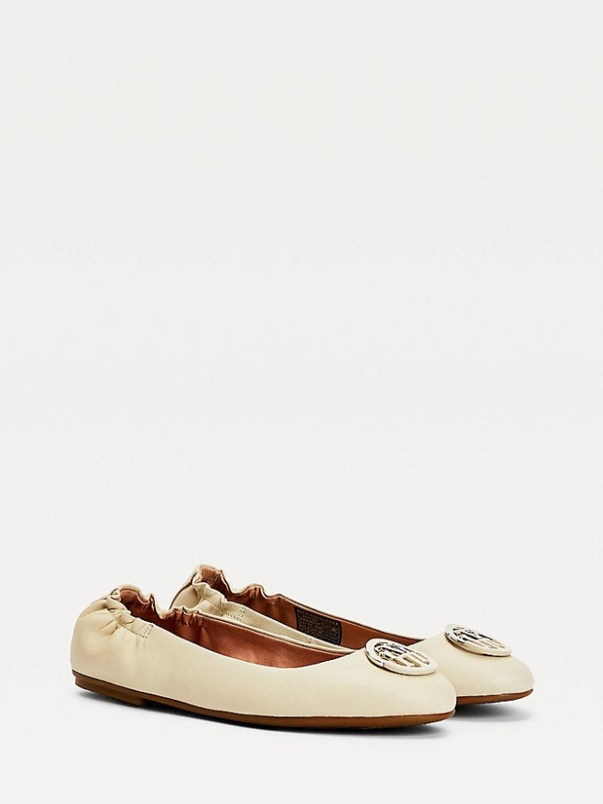 Tommy Hilfiger Monogram Leder Ballerina Flats Flache Schuhe Damen Beige | AT902QXTP