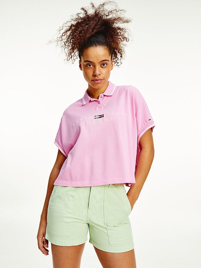 Tommy Hilfiger New York Logo Embroidery Polo Shirts Damen Rosa | AT023VZNU