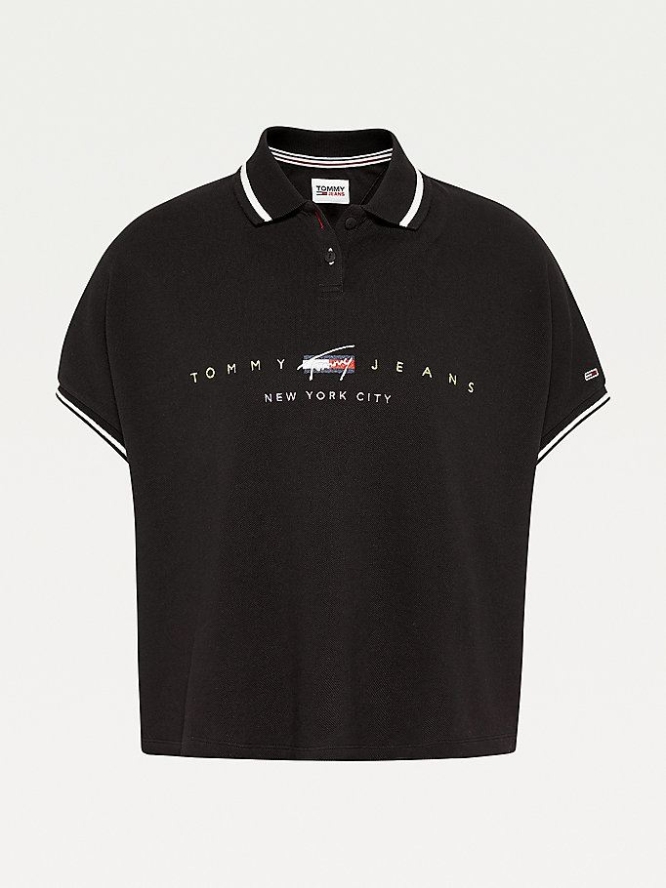 Tommy Hilfiger New York Logo Embroidery Polo Shirts Damen Schwarz | AT348NWVX