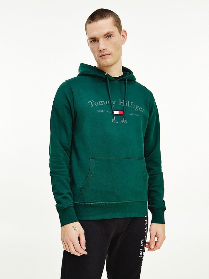 Tommy Hilfiger Organic Baumwoll Logo Embroidery Hoodie Herren Grün | AT158JCAP