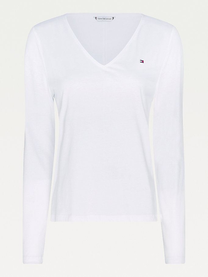 Tommy Hilfiger Organic Baumwoll Long Sleeve V-Neck T-shirts Damen Weiß | AT256LBIS