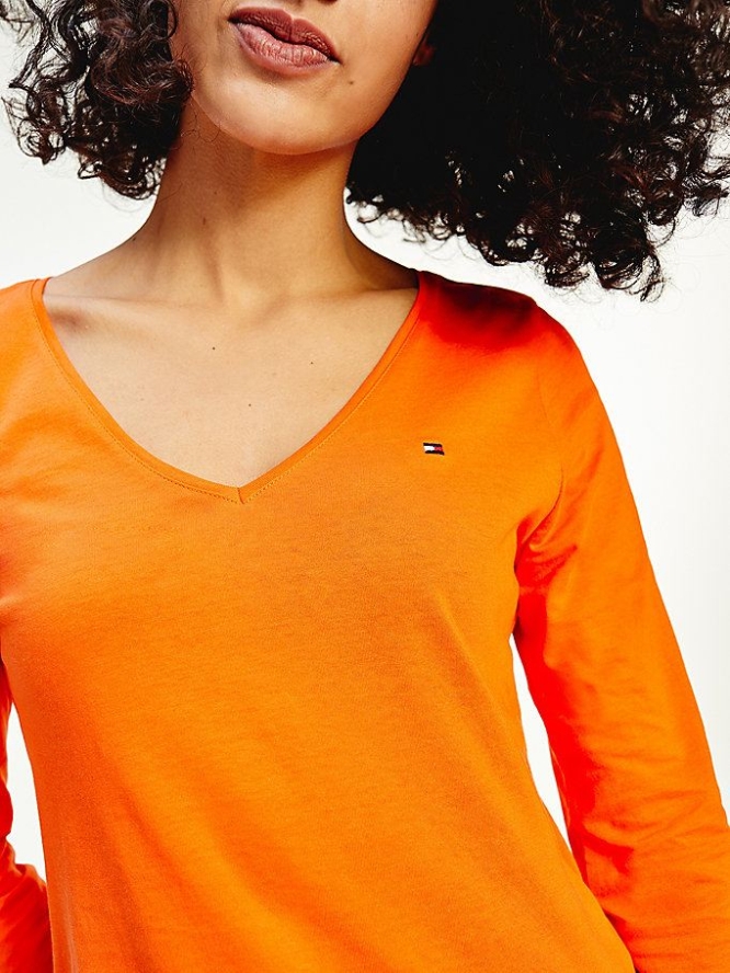 Tommy Hilfiger Organic Baumwoll Long Sleeve V-Neck T-shirts Damen Orange | AT276FLID