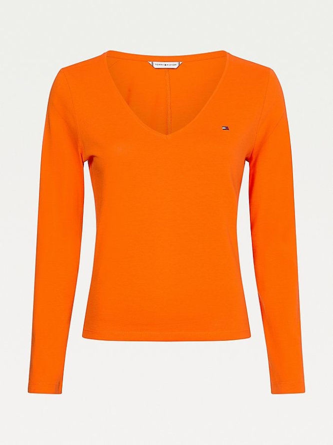 Tommy Hilfiger Organic Baumwoll Long Sleeve V-Neck T-shirts Damen Orange | AT276FLID