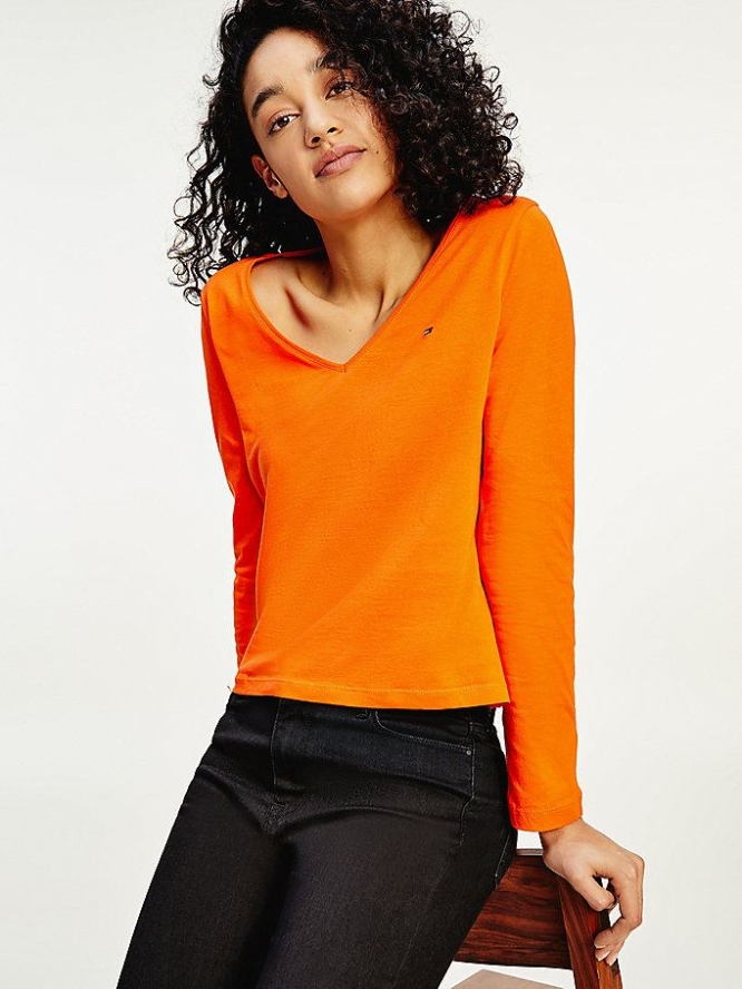 Tommy Hilfiger Organic Baumwoll Long Sleeve V-Neck T-shirts Damen Orange | AT276FLID