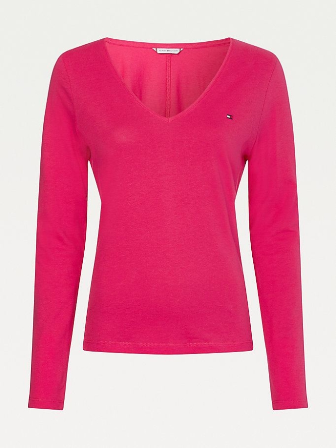 Tommy Hilfiger Organic Baumwoll Long Sleeve V-Neck T-shirts Damen Rosa Rot | AT324RXWN