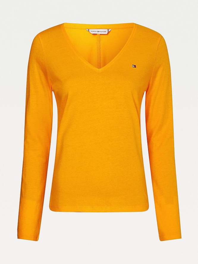 Tommy Hilfiger Organic Baumwoll Long Sleeve V-Neck T-shirts Damen Gelb | AT962UGKB