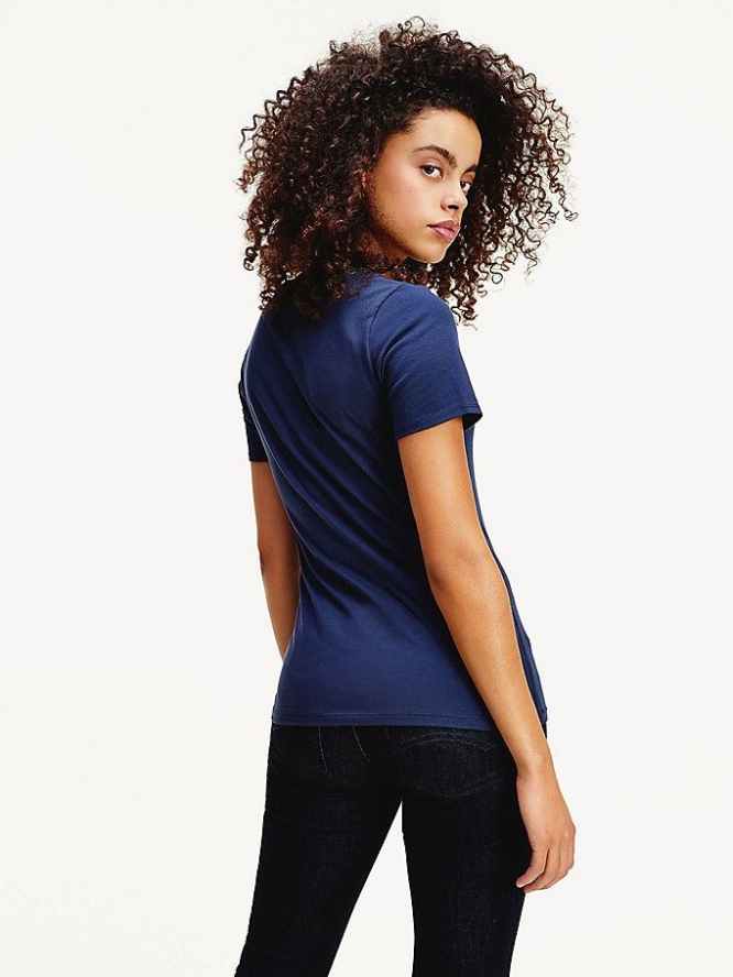 Tommy Hilfiger Organic Baumwoll Schlank Fit V-Neck T-shirts Damen Hellnavy | AT598YNKE