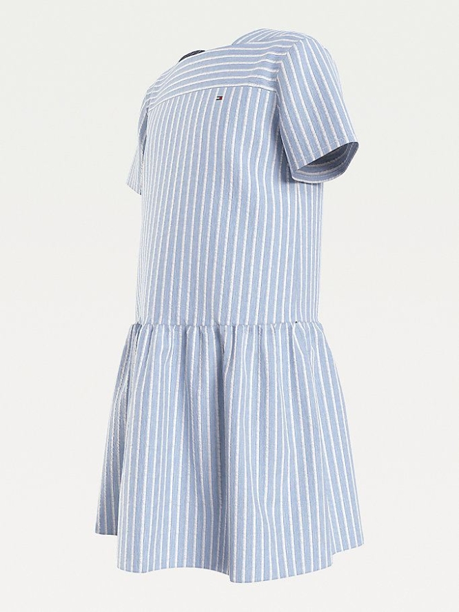 Tommy Hilfiger Organic Baumwoll Seersucker Stripe Kleider Kinder Blau | AT375DMRZ