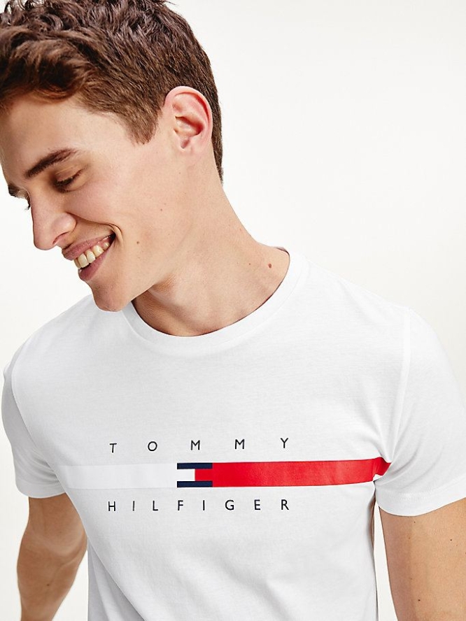 Tommy Hilfiger Organic Baumwoll Signature Tape Logo T-shirts Herren Weiß | AT612BUSV