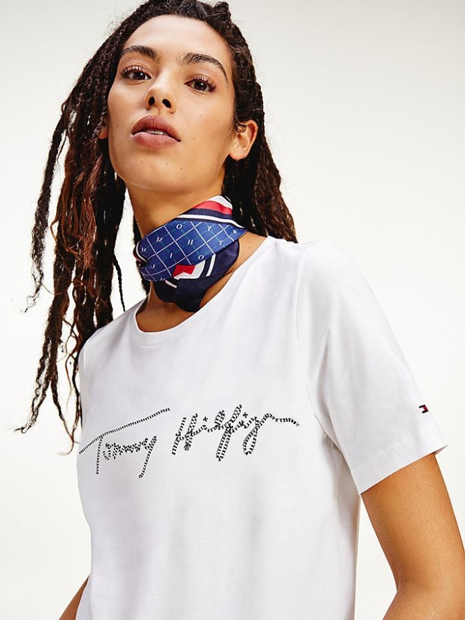 Tommy Hilfiger Organic Baumwoll Signature T-shirts Damen Weiß | AT756MOJP