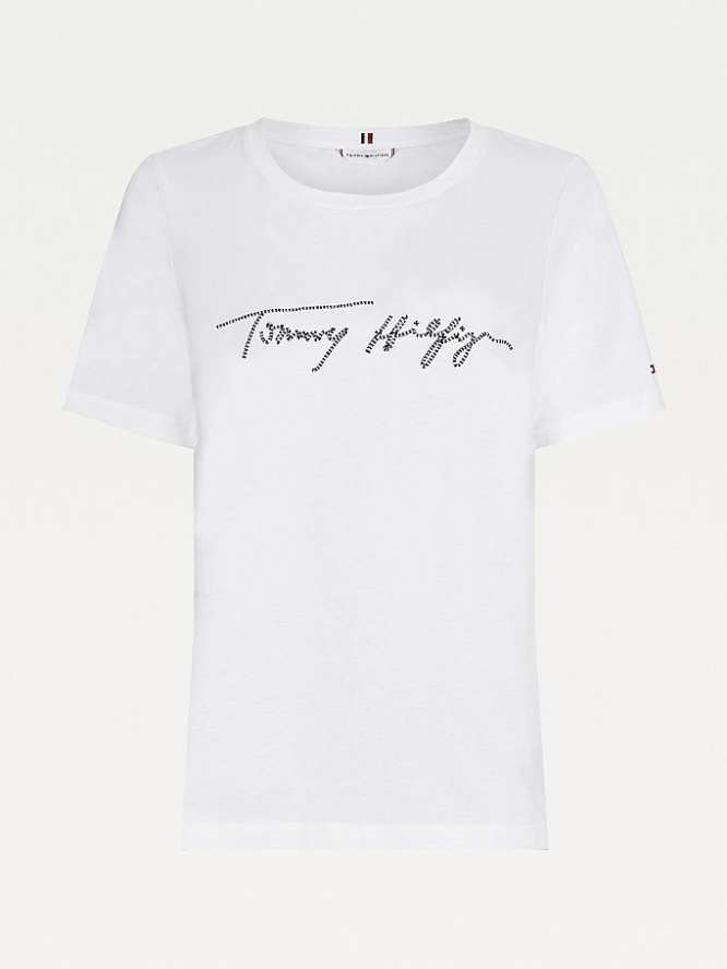 Tommy Hilfiger Organic Baumwoll Signature T-shirts Damen Weiß | AT756MOJP