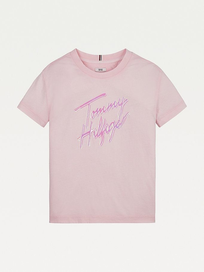 Tommy Hilfiger Organic Baumwoll Signature Logo T-shirts Kinder Rosa Türkis | AT954RINA