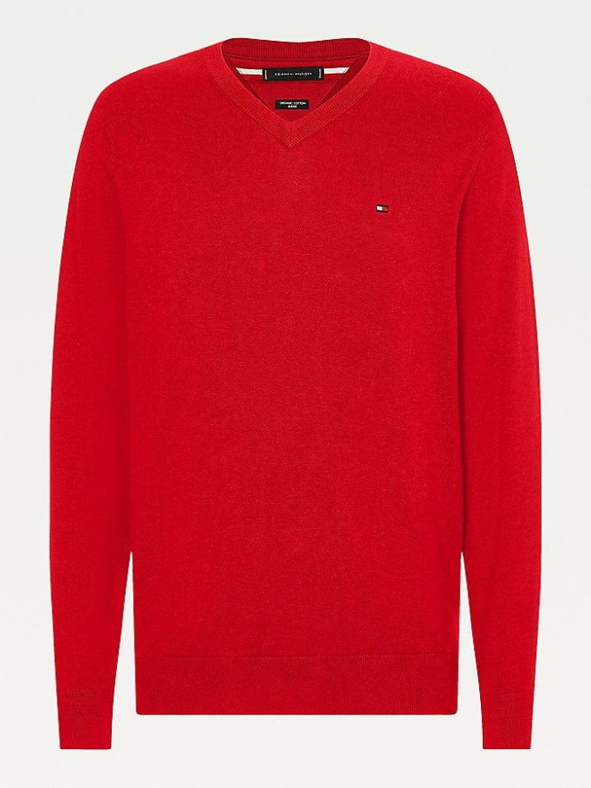 Tommy Hilfiger Organic Baumwoll Silk V-Neck Jumper Pullover Herren Rot | AT450BDQC