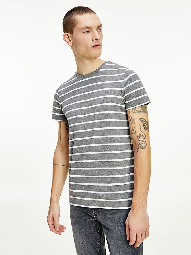 Tommy Hilfiger Organic Baumwoll Stripe Slim Fit T-shirts Herren Dunkelgrau Weiß | AT945PXBM