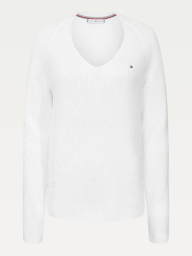 Tommy Hilfiger Organic Baumwoll V-Neck Jumper Pullover Damen Weiß | AT409HIQE