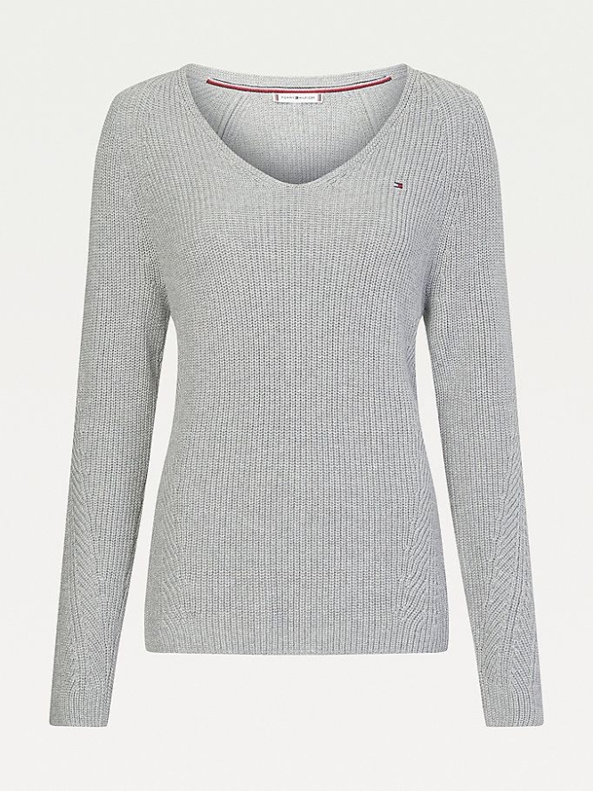 Tommy Hilfiger Organic Baumwoll V-Neck Jumper Pullover Damen Hellgrau | AT467UVPT