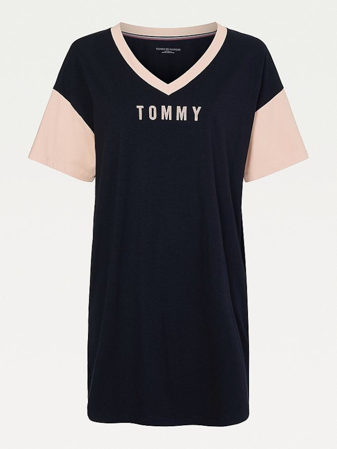 Tommy Hilfiger Organic Baumwoll V-Neck Logo Night Nachtwäsche Damen Dunkelblau | AT152TRQJ