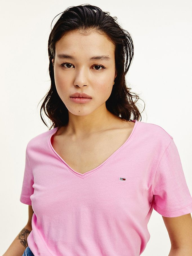 Tommy Hilfiger Organic Baumwoll V-Neck Slim Fit T-shirts Damen Rosa | AT691BZGS