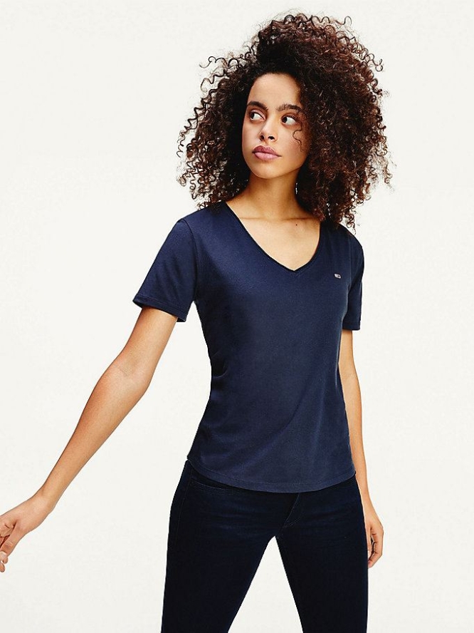 Tommy Hilfiger Organic Baumwoll V-Neck Slim Fit T-shirts Damen Hellnavy | AT835EOTR