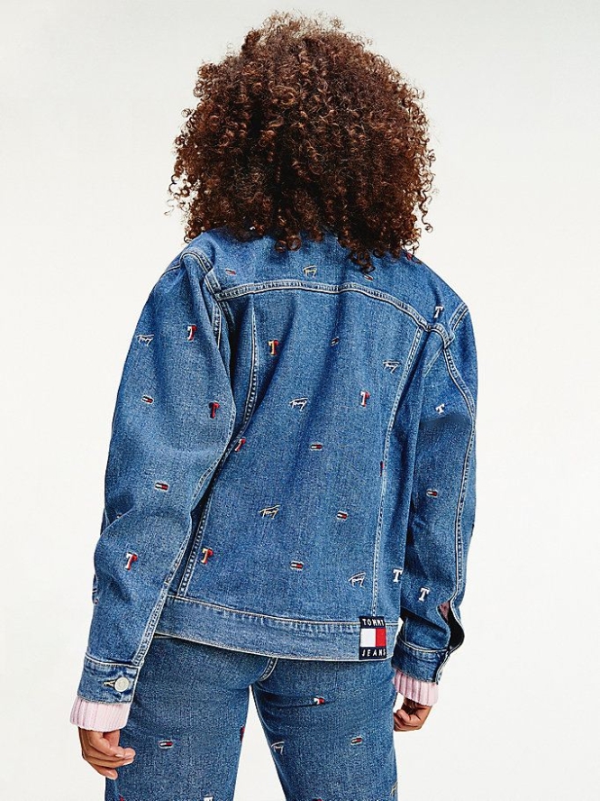 Tommy Hilfiger Oversized Logo Embroidery Trucker Jacke Damen Blau | AT659DTAM