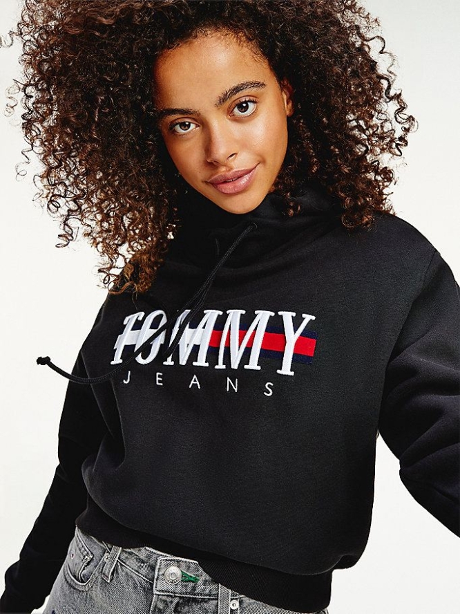 Tommy Hilfiger Relaxed Fit Cropped Logo Hoodie Damen Schwarz | AT648MOIX