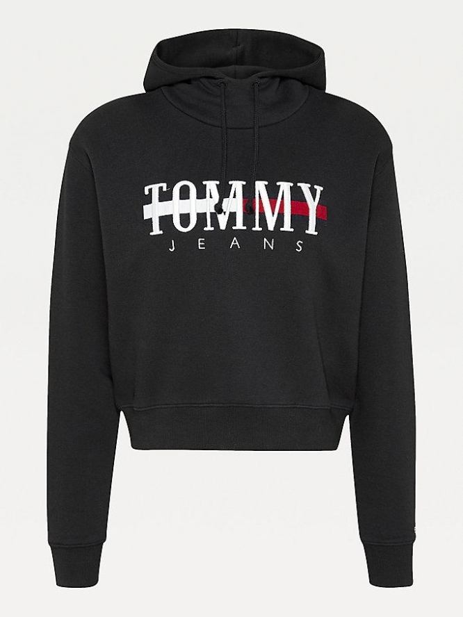 Tommy Hilfiger Relaxed Fit Cropped Logo Hoodie Damen Schwarz | AT648MOIX