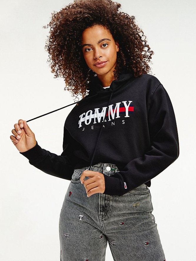 Tommy Hilfiger Relaxed Fit Cropped Logo Hoodie Damen Schwarz | AT648MOIX