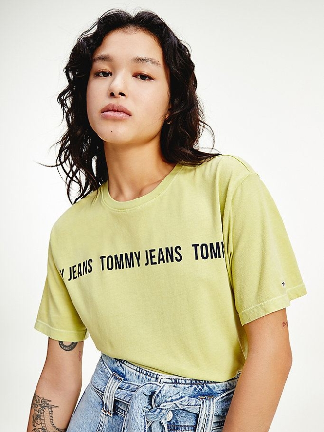 Tommy Hilfiger Repeat Logo Tape Cropped Fit T-shirts Damen Hellgrün | AT815YQHX