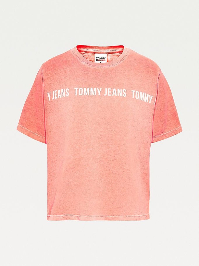 Tommy Hilfiger Repeat Logo Tape Cropped Fit T-shirts Damen Rosa | AT827HEIV