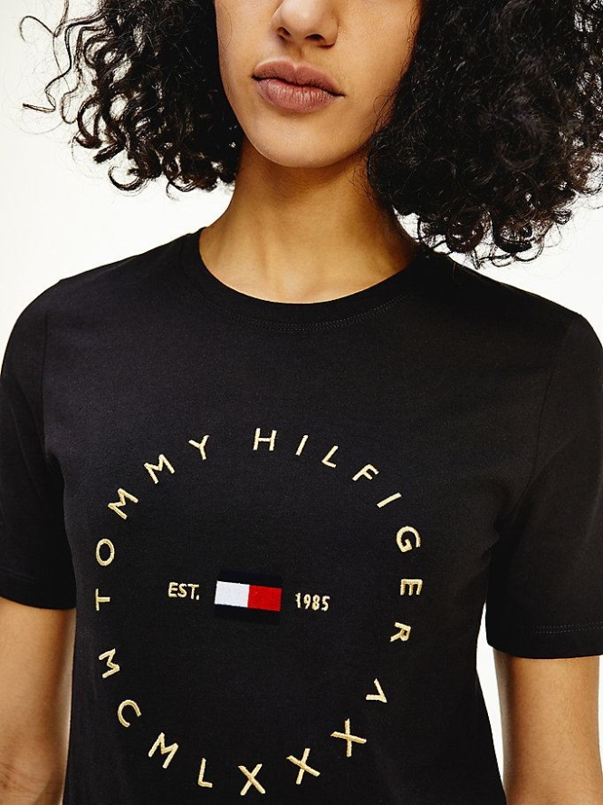 Tommy Hilfiger Round Logo Organic Baumwoll T-shirts Damen Schwarz | AT936BAWH