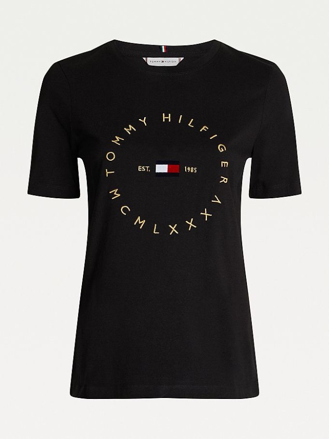 Tommy Hilfiger Round Logo Organic Baumwoll T-shirts Damen Schwarz | AT936BAWH