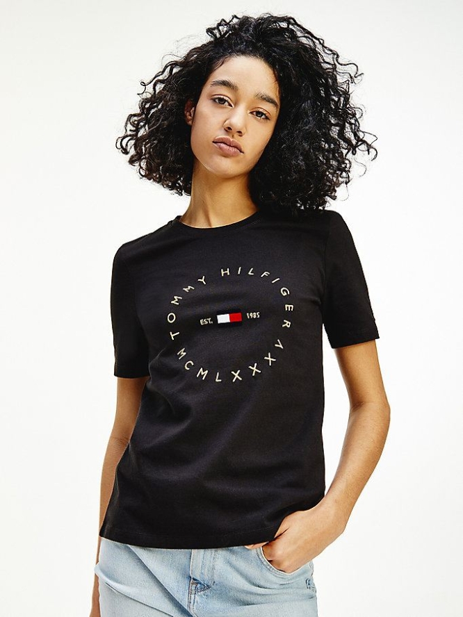 Tommy Hilfiger Round Logo Organic Baumwoll T-shirts Damen Schwarz | AT936BAWH