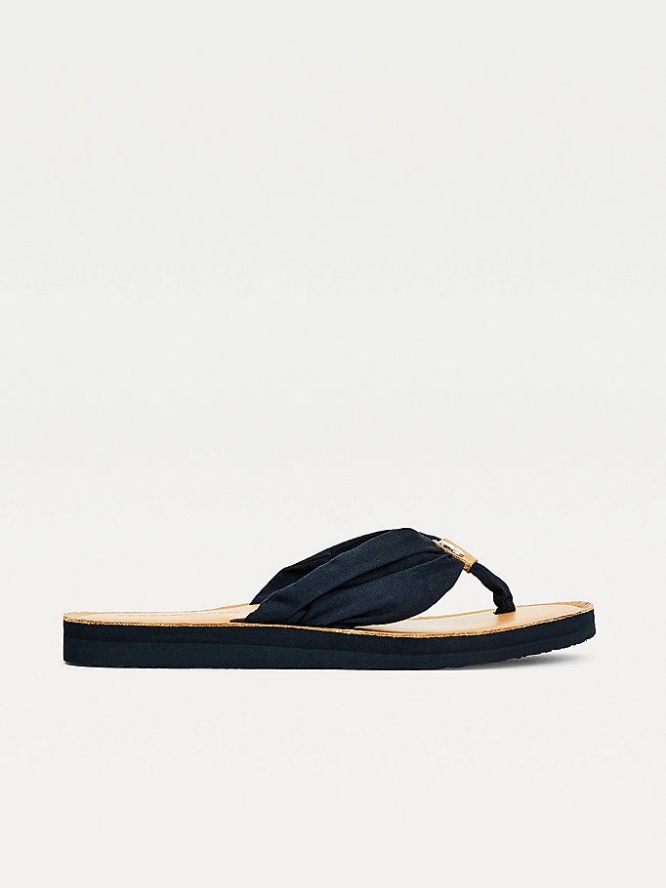 Tommy Hilfiger Ruched Leder Footbed Flip Flops Damen Dunkelblau | AT347UYIE