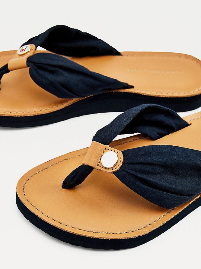 Tommy Hilfiger Ruched Leder Footbed Flip Flops Damen Dunkelblau | AT347UYIE