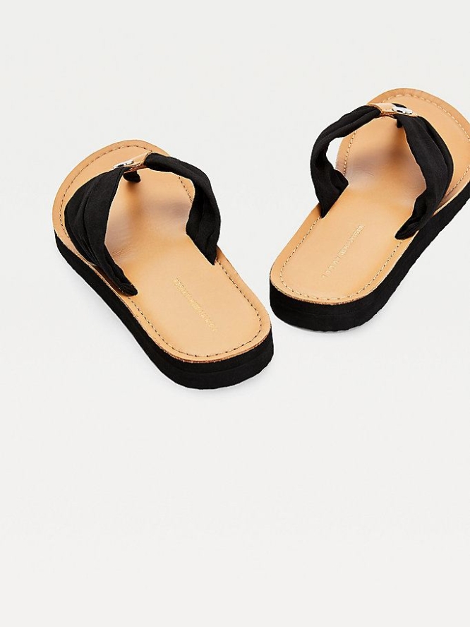 Tommy Hilfiger Ruched Leder Footbed Flip Flops Damen Schwarz | AT538MZVH