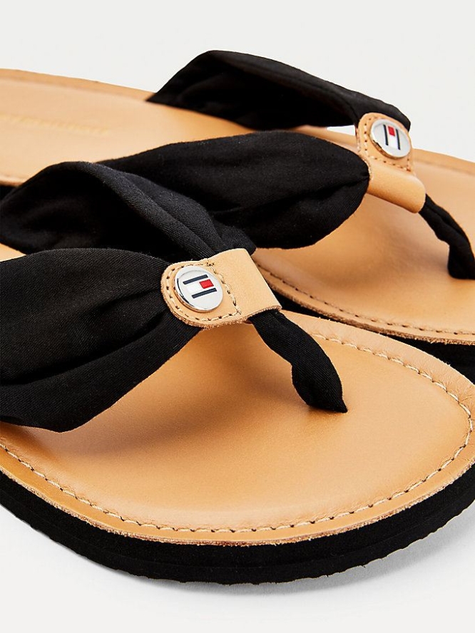 Tommy Hilfiger Ruched Leder Footbed Flip Flops Damen Schwarz | AT538MZVH