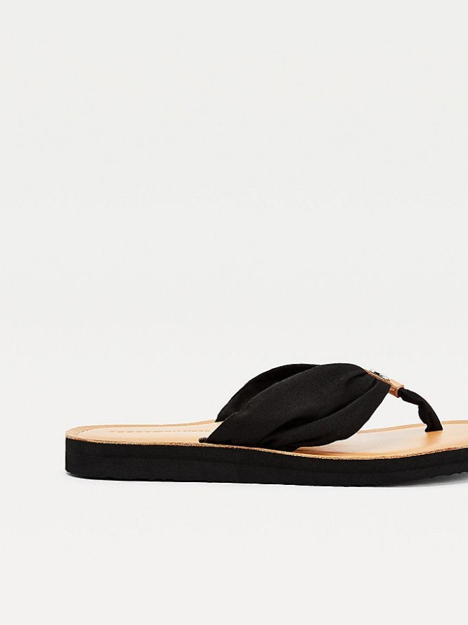 Tommy Hilfiger Ruched Leder Footbed Flip Flops Damen Schwarz | AT538MZVH