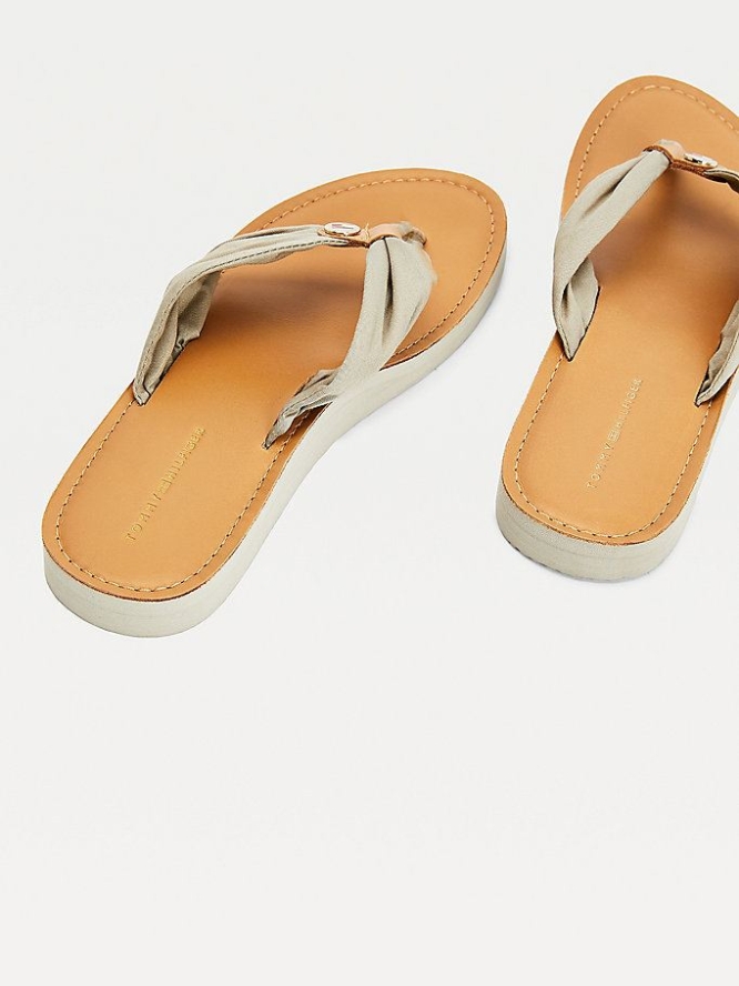 Tommy Hilfiger Ruched Leder Footbed Flip Flops Damen Grau | AT582HDAE