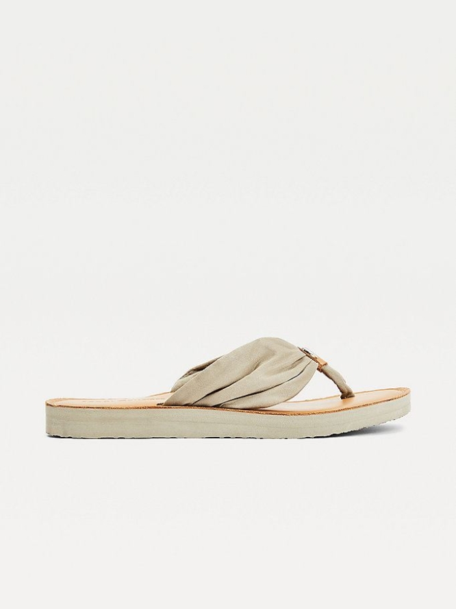 Tommy Hilfiger Ruched Leder Footbed Flip Flops Damen Grau | AT582HDAE