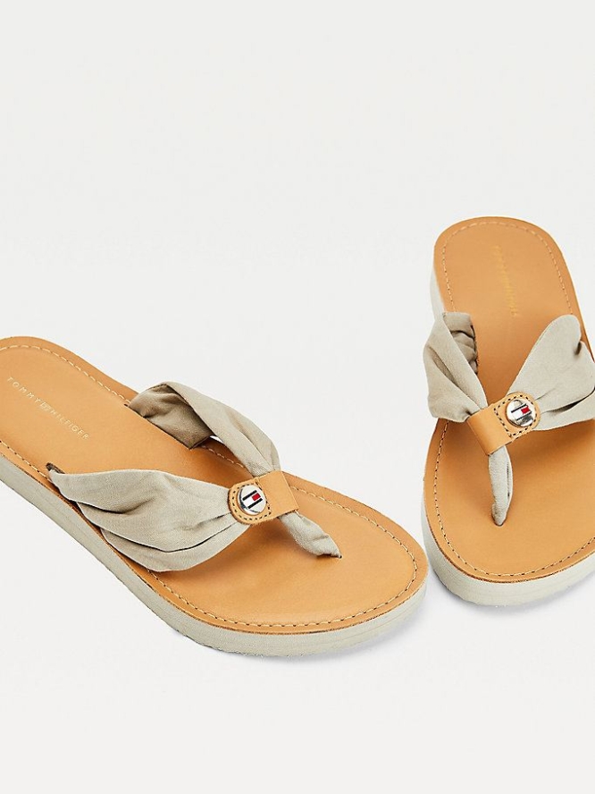 Tommy Hilfiger Ruched Leder Footbed Flip Flops Damen Grau | AT582HDAE