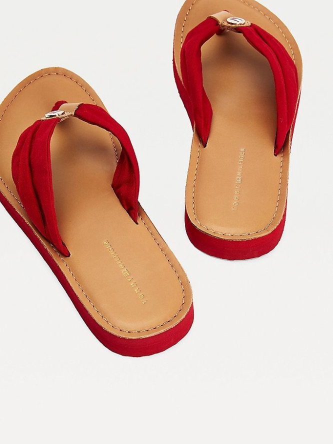 Tommy Hilfiger Ruched Leder Footbed Flip Flops Damen Rot | AT698ZYIL