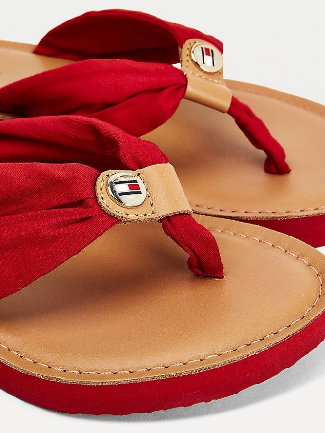 Tommy Hilfiger Ruched Leder Footbed Flip Flops Damen Rot | AT698ZYIL