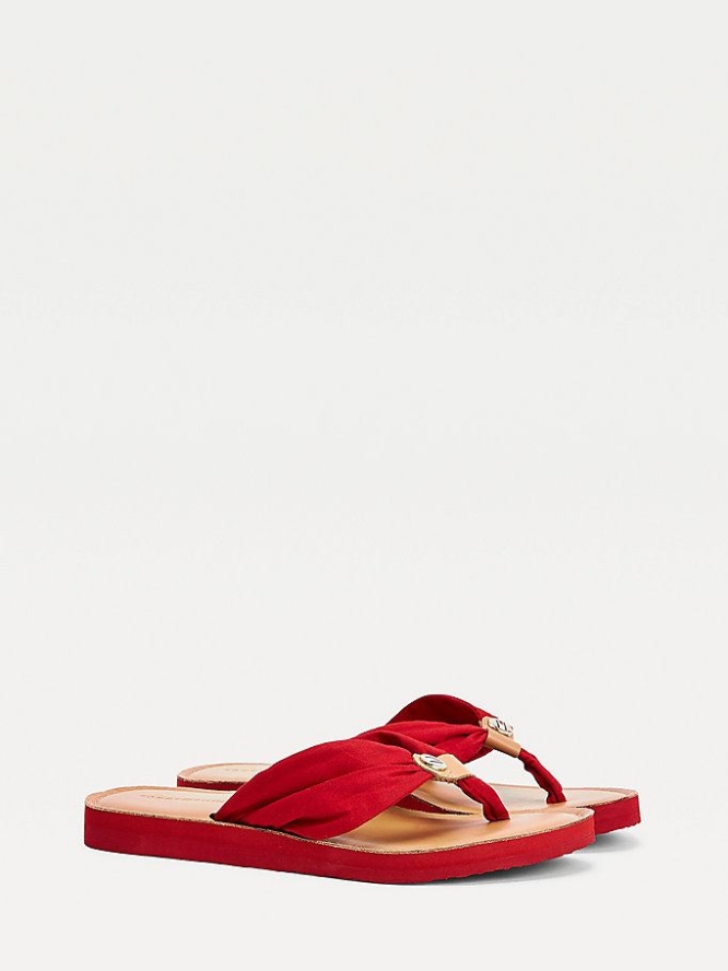 Tommy Hilfiger Ruched Leder Footbed Flip Flops Damen Rot | AT698ZYIL