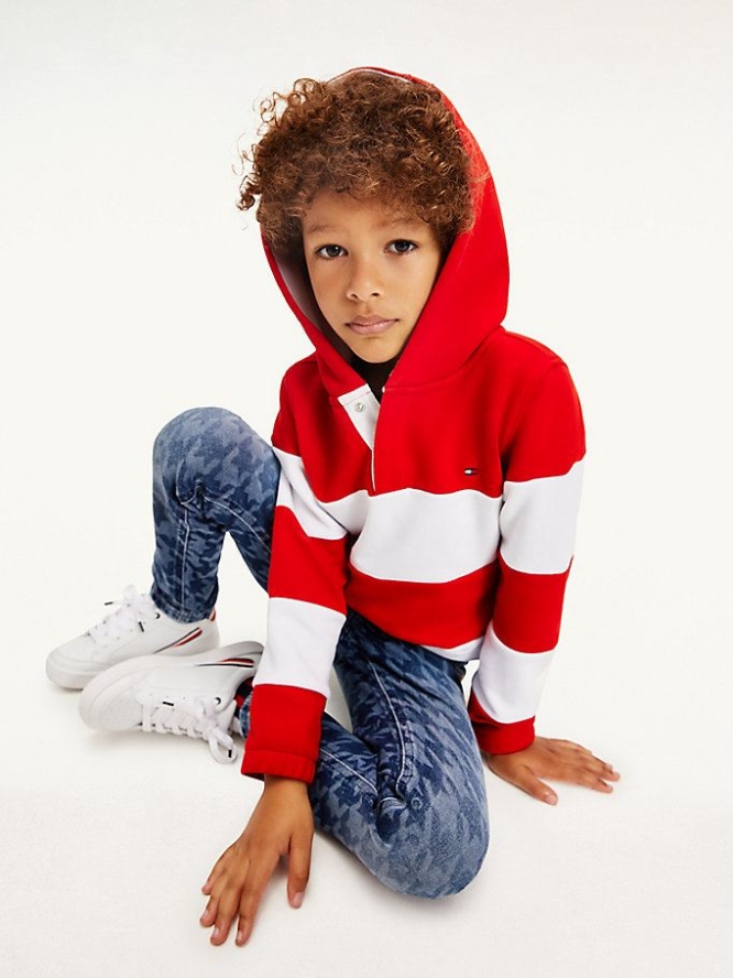 Tommy Hilfiger Rugby Stripe Hoodie Kinder Tiefesrot Weiß | AT372EKVD