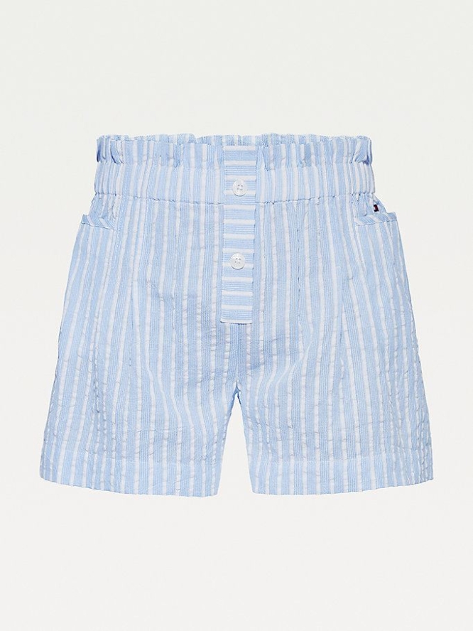 Tommy Hilfiger Seersucker Stripe Paperbag Kurze Hose Kinder Blau | AT486SEAW